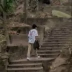 Young person walking up stone steps in a forest, symbolizing the journey of personal growth and exploration.