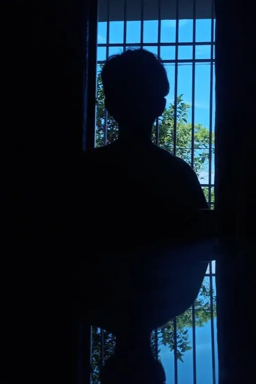 Silhouette of a person sitting by a window with bars, with a reflection below and a view of trees and a blue sky in the background.