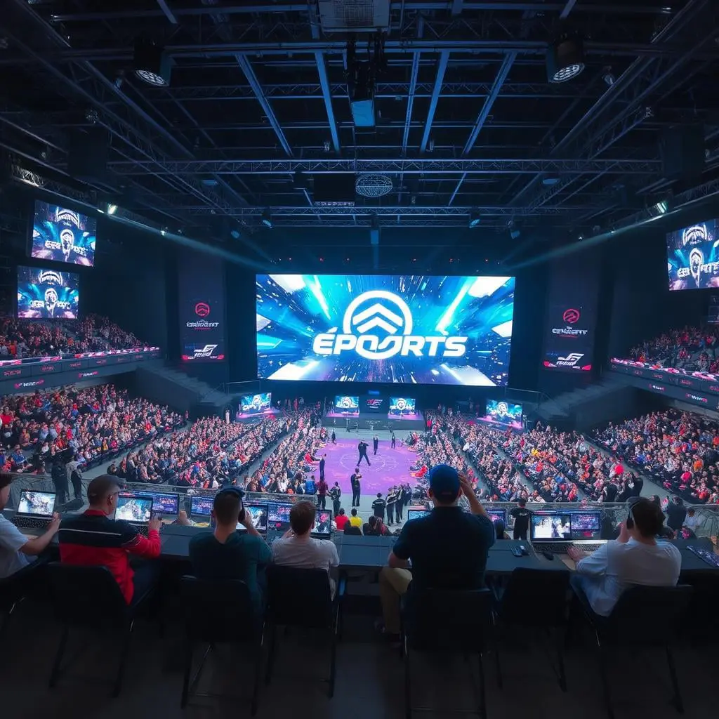 Exciting opportunities in the future of eSports for gamers, entrepreneurs, and creators—featuring a vibrant gaming arena with players and audiences.