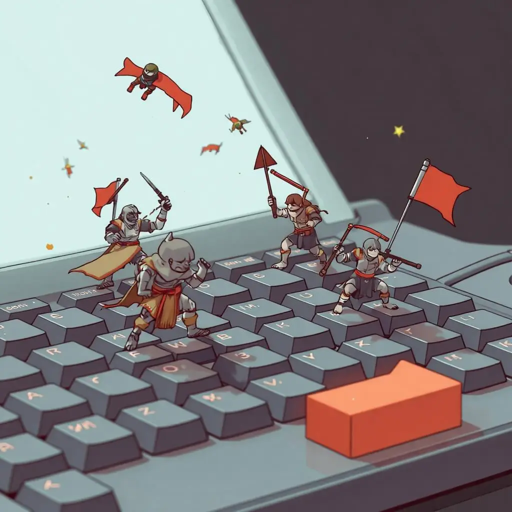 Illustration of a keyboard with tiny warriors battling over it